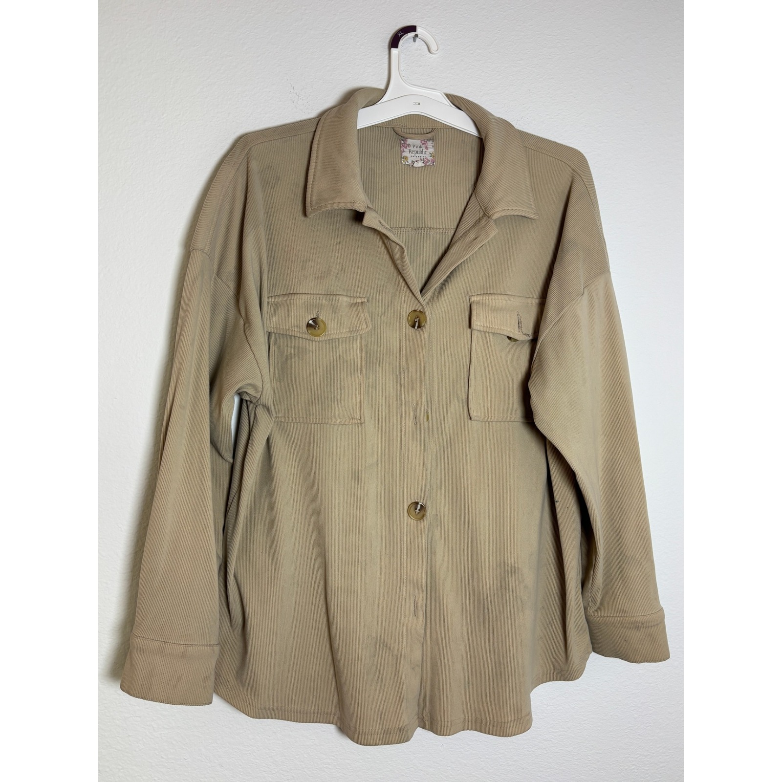 Pink Republic Maternity Tan Ribbed Shacket Button Down Shirt Tan Large L